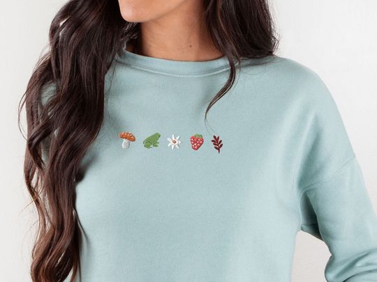 Embroidered Summer Cottagecore Crop Top Sweatshirt, Embroidered Frog Flower Strawberry Mushroom Daisy Crewneck