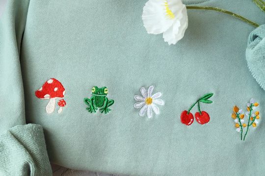Cute daisy mushroom embroidered sweatshirt,Embroidered Mushroom,Frog,Leaves,crewneck sweatshirt embroidered