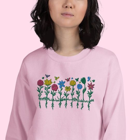 Wildflowers Embroidered Sweatshirt, Floral Indie Boho Embroidery, Butterfly Celestial Cottagecore Embroidered Sweater