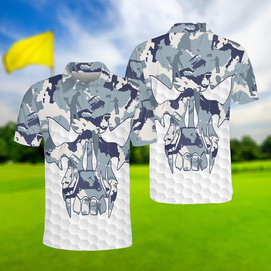 Blue And White Camouflage Golf Polo Shirt, Skull Golf Polo Shirt, Camo Golf Shirt