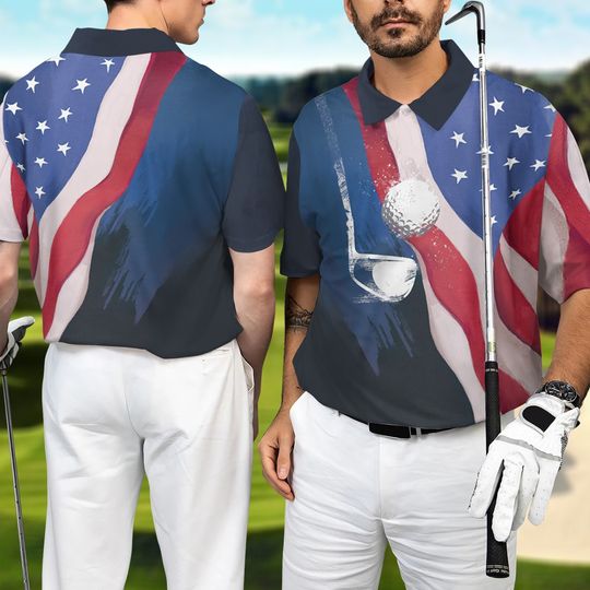 Patriotic Golf Polo Shirt, Golf American Flag Men Polo Shirt, 4th July Golf Shirt