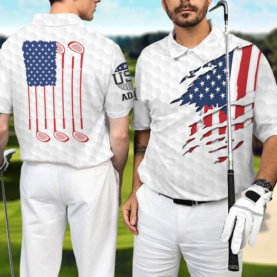 Golf American Flag Polo Men Shirt, 4th July USA Golf Shirt, Patriotic Golf Shirt