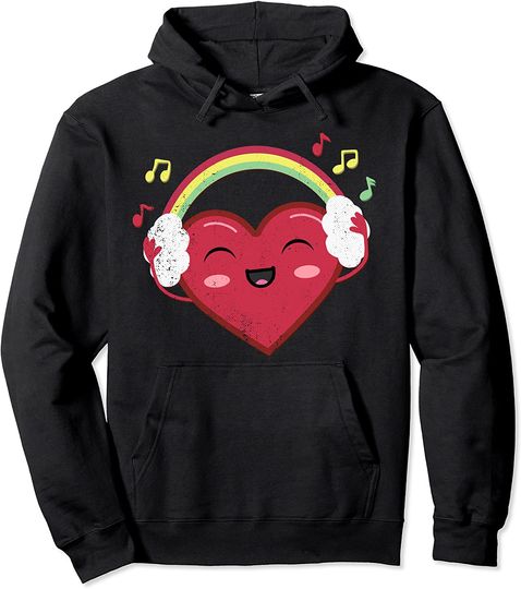Music Notes Heart Hoodie Happy Heart With Rainbow Headphones And Music Love Pullover