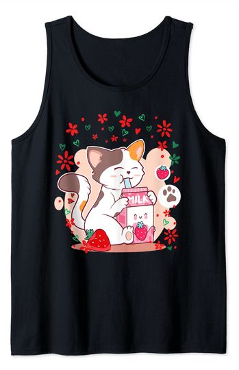 Cat Boba Shake Strawberry Milk Japanese Anime Kawaii Neko Tank Top