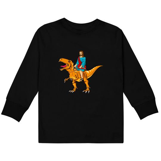 Funny Parody Jesus Riding Dinosaur Cute Meme Dino Gift Kids Long Sleeve T-Shirts