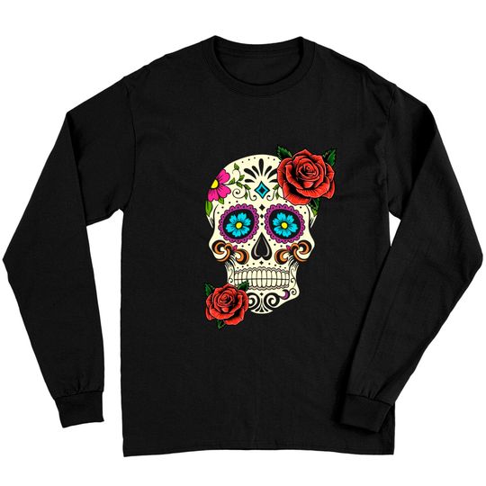 Dia De Los Muertos Floral Sugar Skull Tshirts For Women Girl Long Sleeves