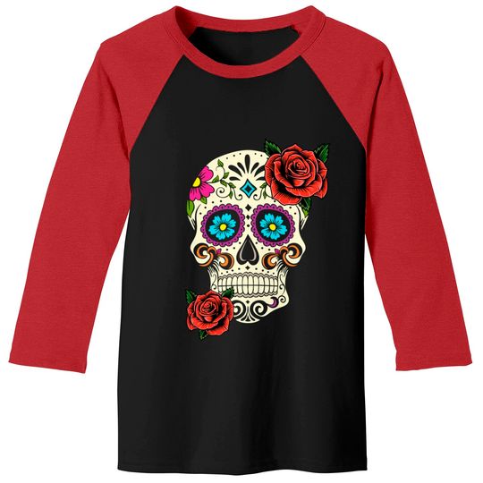 Dia De Los Muertos Floral Sugar Skull Tshirts For Women Girl Baseball Tees