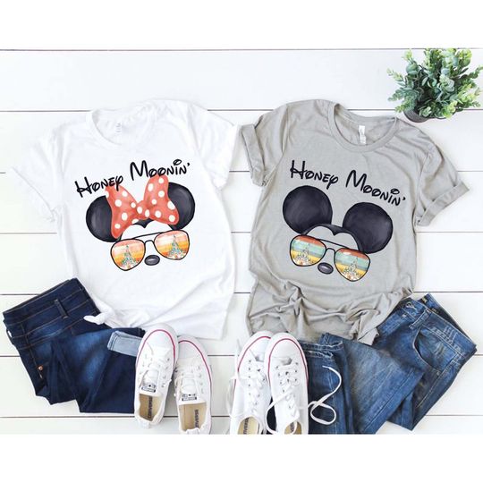 Disney Honeymoon Mickey Glasses Mickey Aviator Couple Matching T-Shirts