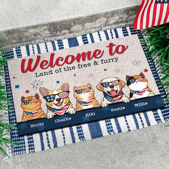 Welcome To The Land Of The Free & Furry - 4th Of July Funny Personalized Pet Decorative Mat (Cat & Dog)