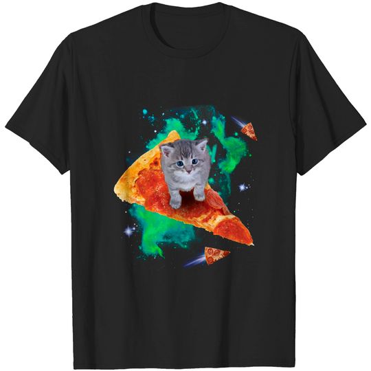 Cat Riding Pizza Galaxy Kitten Outerspace Neon Classic Retro Neon Humor Pun Adult Men's Graphic T-Shirt