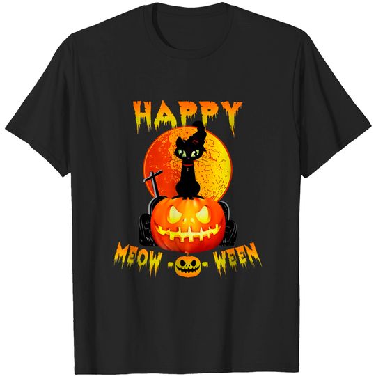 Happy Meo-0-ween Pumpkin Black Cat T-Shirt