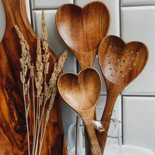 Set 3pcs of heart shape wooden spoons, handmade spoons set