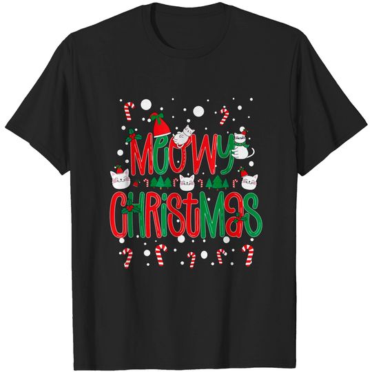 Lettering Cat Meowy Chritmas Ugly Catmas T-Shirt