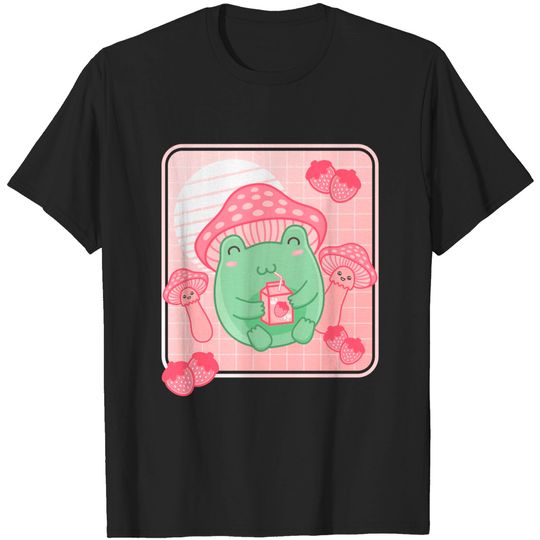 Kawaii Frog Pink Strawberry Mushroom Cottagecore Aesthetic T-Shirt