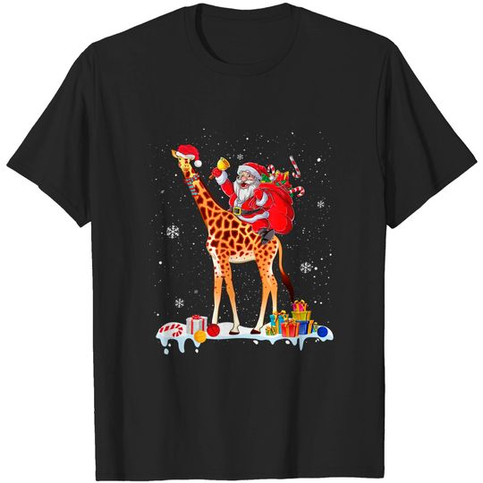 Giraffe Santa Riding Christmas Pajamas Matching Family T-Shirt