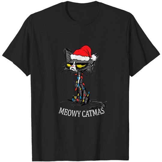 Meowy Catmas Black Cat With Santa Hat Funny Christmas T-Shirt