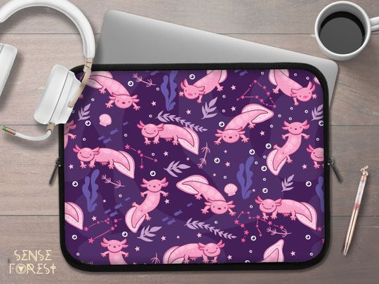 Kawaii Purple Constellations smiley Axolotl laptop sleeve, cute walker fish