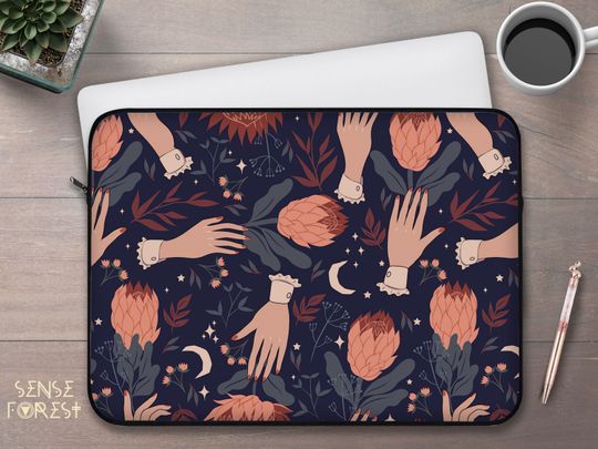 Kawaii Goth witch hands floral laptop sleeve, 12"13"15" laptop case