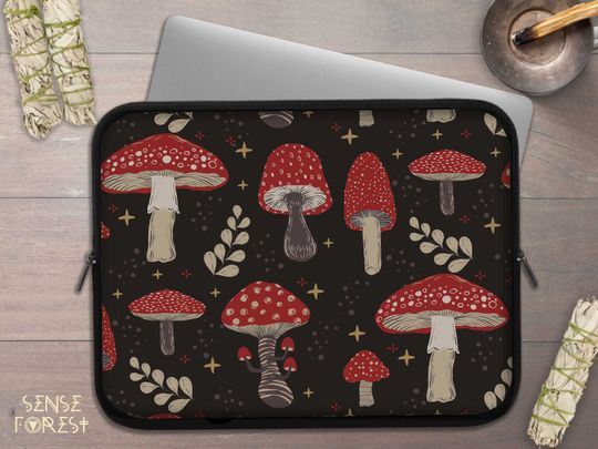 Red Amanita magic mushroom witchy laptop sleeve, cute cottagecore