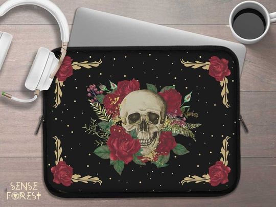 Dark Academia Skull Rose laptop sleeve, cute Goth Witchy laptop case ipad tablet cover