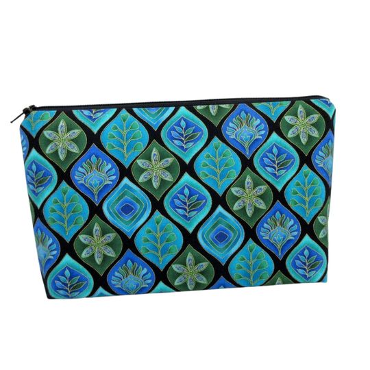 Peacock Leaves, Zippered Cosmetic Bag, Blue Cotton Cosmetic Bags