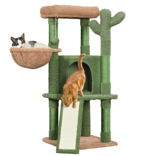 42 Inch H Cactus Cat Tree Tower with Natural Sisal Scratching Posts Platform for Small/Medium Cats, Green & Brown