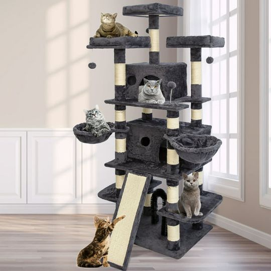 68 Inches Multi-Level Big Cat Tree , Tall Multi-Cats Tower with 2 Big Cat Condo &Cat Hair Brush , Large Cat Tree with 3 Padded Plush Perches & Scratching Posts