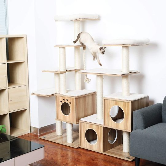 Cat Tree Condo Multi-Level Wood Cat Tower with Scratching Post, 67''