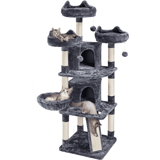 Large Cat Tree Plush Tower with Caves Condos Platforms Scratching Board, Dark Gray