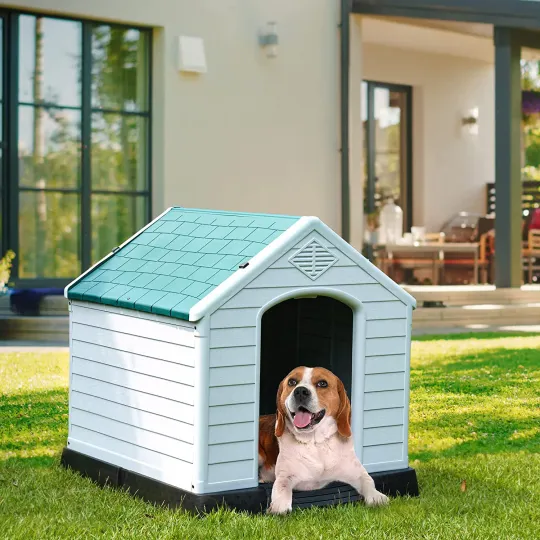 Large Plastic Dog House Outdoor Indoor Insulated Doghouse Puppy Shelter Water Resistant Dog Kennel with Air Vents and Elevated Floor