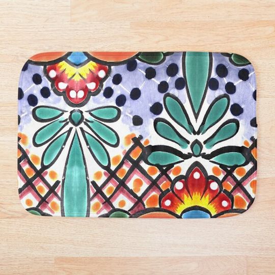 Colorful Talavera, Orange Accent, Mexican Tile Design Bath Mat