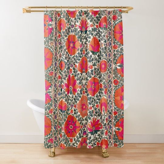 Kermina Suzani Uzbekistan Colorful Embroidery Print Shower Curtain
