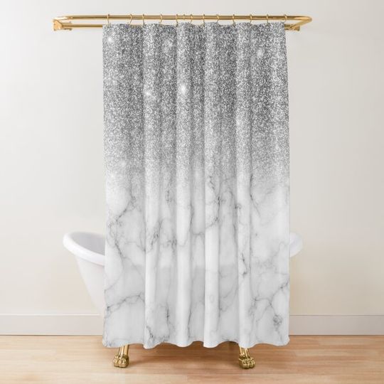 Stylish Silver Glitter Ombre Marble Shower Curtain