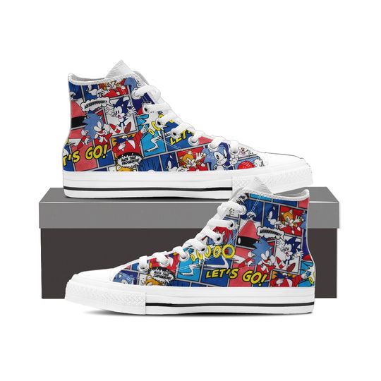 Canvas Shoe Trainers, Kids to Adults, Hand Customised with Sonic The Hedgehog Lets Go Fabric.