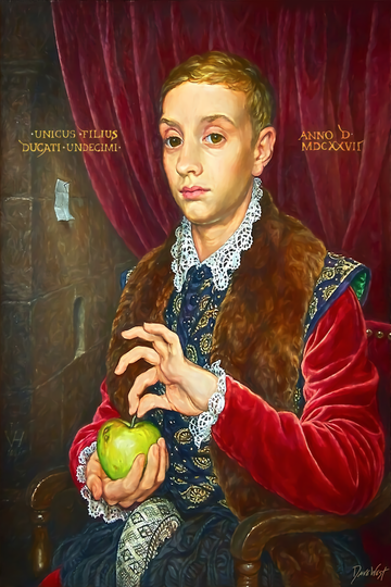 Boy With Apple Painting with painted frame Canvas