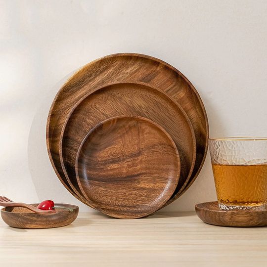 Acacia Wood Dinner Plates Unbreakable Round Wood Plates for Fruits Dishes Snacks Dessert Serving Tray Tableware