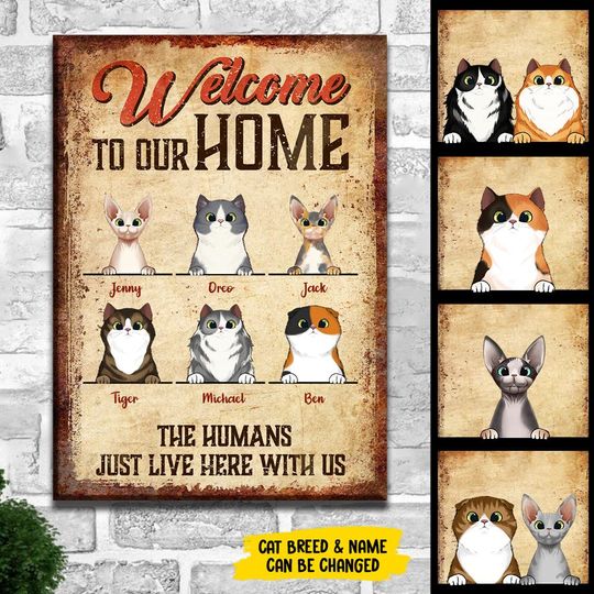 The Humans Just Live Here With Us - Funny Personalized  Cat Metal Sign
