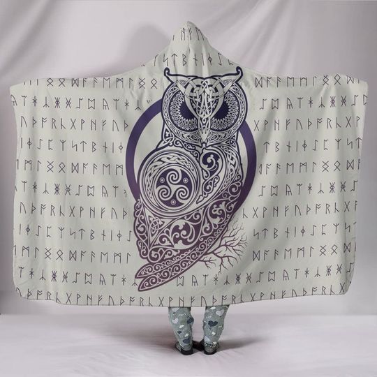 Super Soft Owl Viking Hooded Blanket, 3D Runes Print Scandinavia Wearable Cozy Plush Sherpa Flannel Travel Cape Wrap Napping Blanket