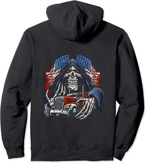 USA Flag Skeleton Skull Reaper Trucker Truck Driver Pullover Hoodie
