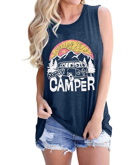 Happy Camper Women Tank Tops Funny Camping T-Shirts Cute Sunrise Graphic Summer Casual Hiking Vest