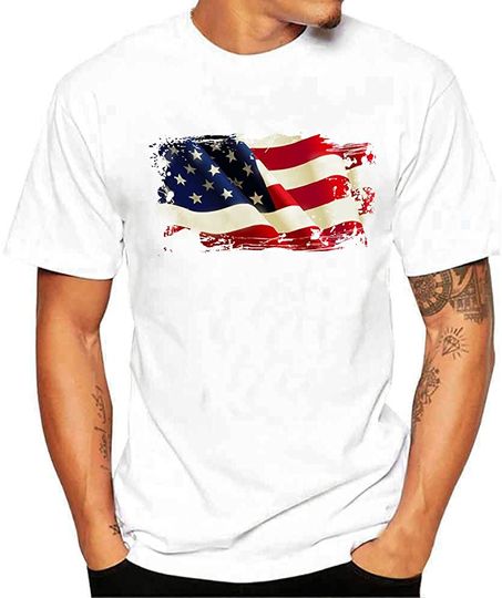 Men's Shirts American Flag Short Sleeve White Funny Tee Shirt Classic Slim Fit Graphic T-Shirt Casual Shirts Clearance