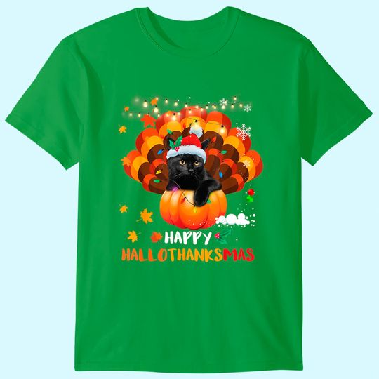 Happy Hallothanksmas Pumpkin Turkey Black Cat Lovers Gifts T-Shirt