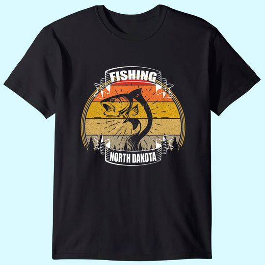 Vintage Sunset Trees Fishing North Dakota T-Shirt
