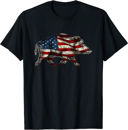 American Flag Feral Hog wild Pig Hunting T-Shirt
