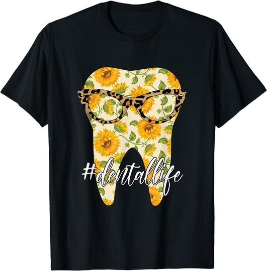 Dentallife Sunflower Dental Hygienist Dentist Leopard Print T Shirt