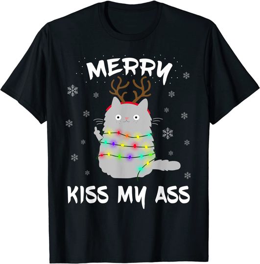 Merry KissMyAss Christmas Theme Cat T-Shirt