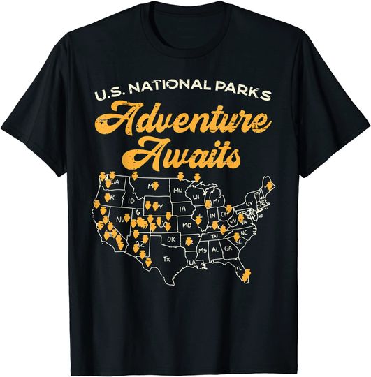 US National Parks Adventure Awaits Map Camping Hiking Camper T-Shirt