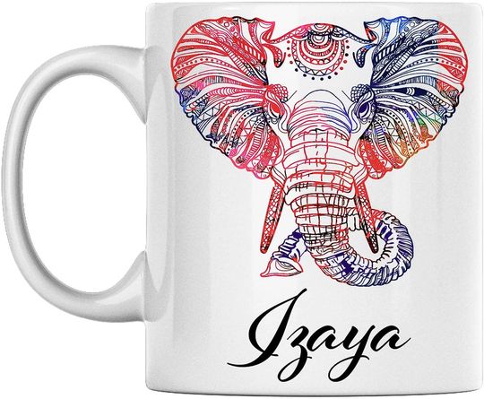 Personal Elephant Mug Name Izaya White Ceramic Coffee cup Printed on Both Sides Perfect for Birthday For Him, Her, Boy, Girl, Husband, Wife, Men, and Women