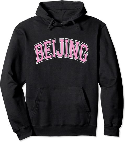 Beijing China Varsity Style Pink Text Pullover Hoodie