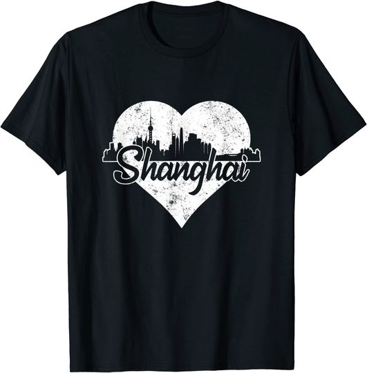 Shanghai China Skyline Heart Distressed T-Shirt